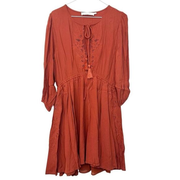 ASTR The Label Tassel Tie Neck Long Sleeve Lined Fit & Flare Dress Rust Large - Picture 1 of 5
